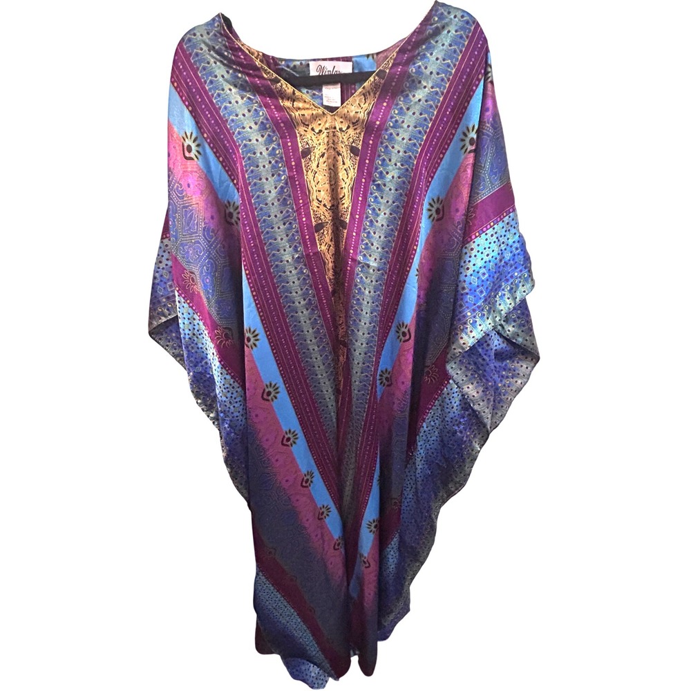 Winlar One Size Fits Most Kaftan Dress Cover Up Purple Blue Gold‎ Print Luxury